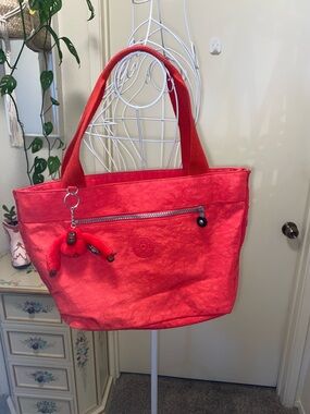 Kipling Bright Red Nylon Tote with Monkey Charm
